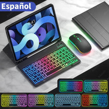 Cargue la imagen en el visor de la galería, Rainbow English Spanish Keyboard With Pencil Holder and Mouse For iPad www.technoviena.com
