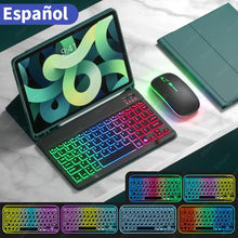 Cargue la imagen en el visor de la galería, Rainbow English Spanish Keyboard With Pencil Holder and Mouse For iPad www.technoviena.com
