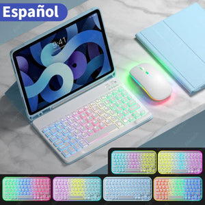 Rainbow English Spanish Keyboard With Pencil Holder and Mouse For iPad www.technoviena.com